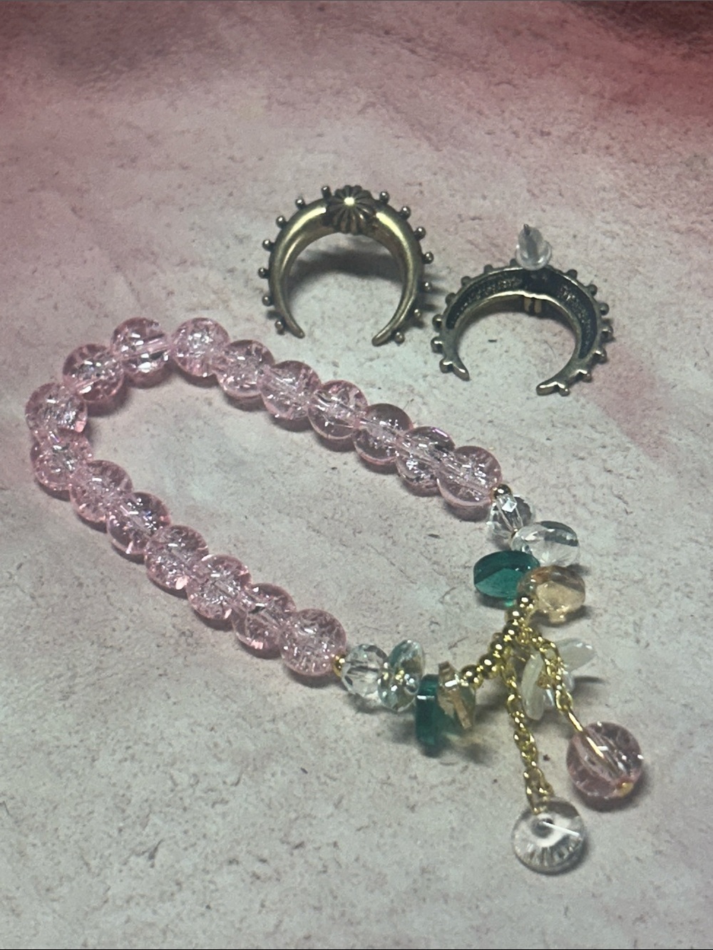 Pink Crackle Glass Beaded Bracelet with Gold Accents
